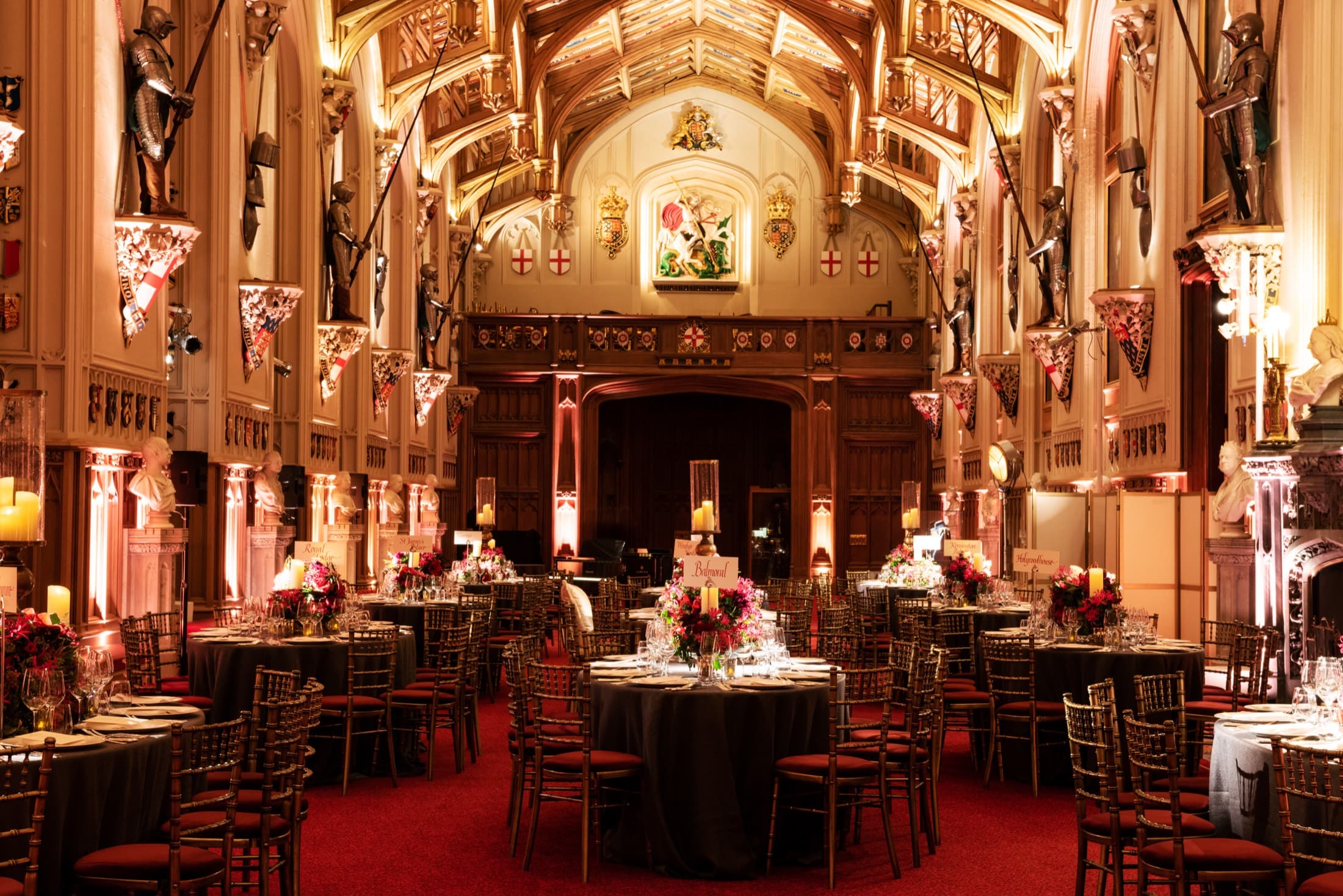 A grand gala setup in a historic hall at Windsor Castle